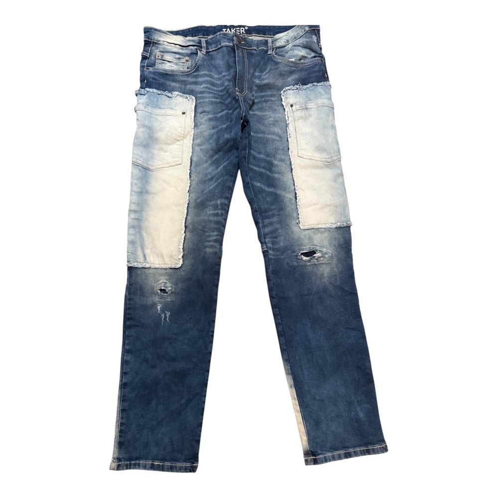 Taker Mens Streetwear Blue Patchwork Distressed Stretch Jeans Straight Leg 40x32